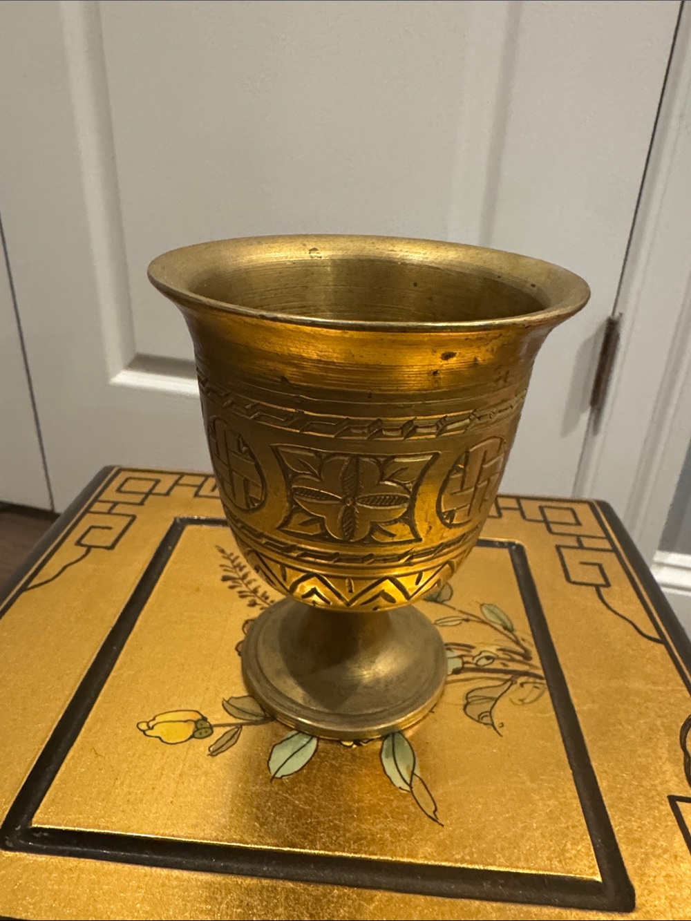 Vintage Engraved Brass Goblet Chalice Pedestal Cup